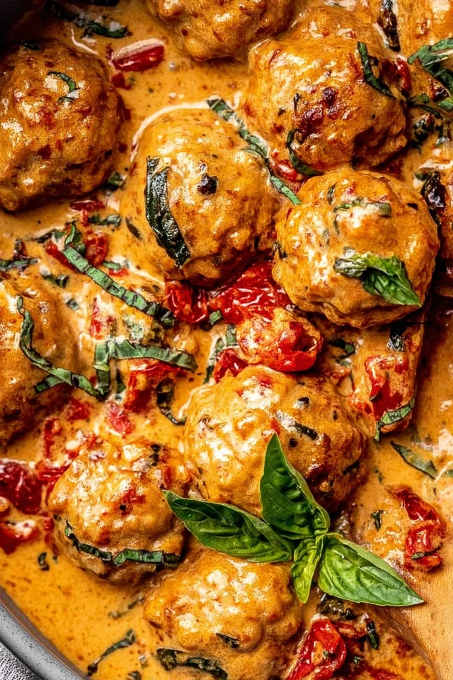 Close-up of marry me chicken meatballs coated in a creamy garlic parmesan sauce with sun-dried tomatoes and fresh basil