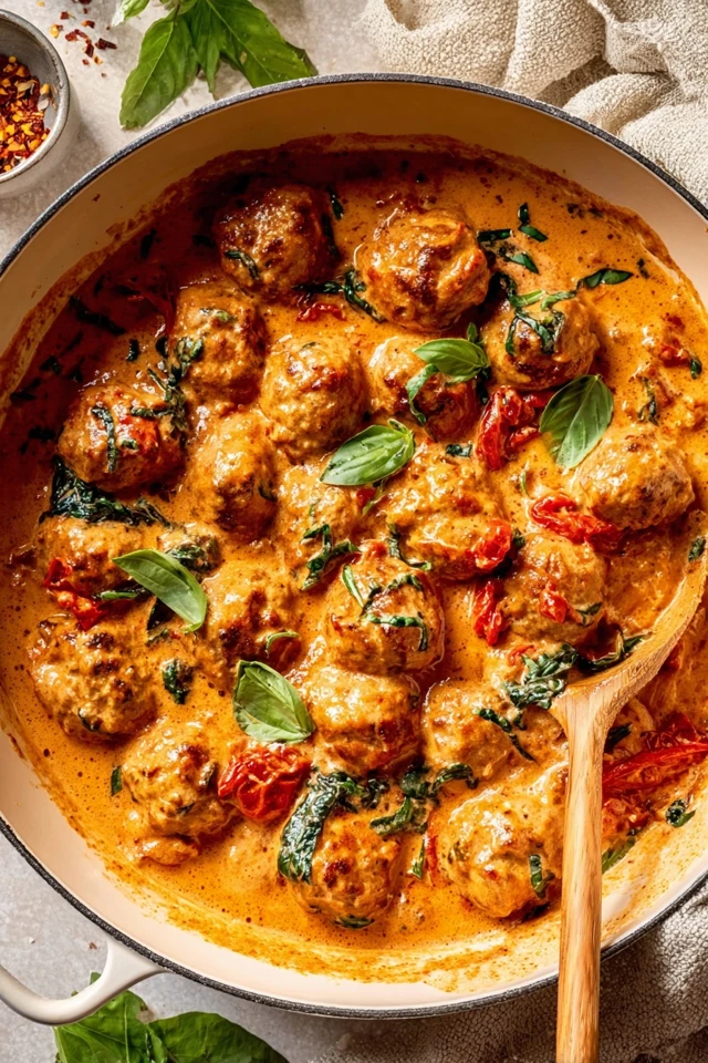 Marry me chicken meatballs simmered in a creamy garlic parmesan sauce with sun-dried tomatoes, served hot in a skillet for a cozy homemade dinner