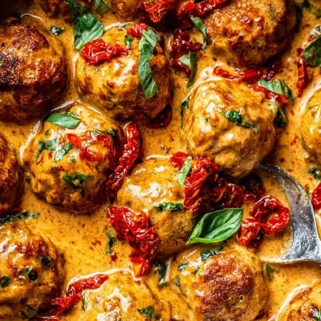 Marry me chicken meatballs coated in a creamy garlic parmesan sauce with sun-dried tomatoes and basil, shown with a serving spoon