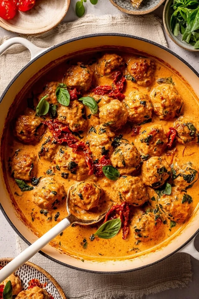 Marry me chicken meatballs cooked in a creamy garlic parmesan sauce with sun-dried tomatoes, served in a skillet for a cozy homemade dinner