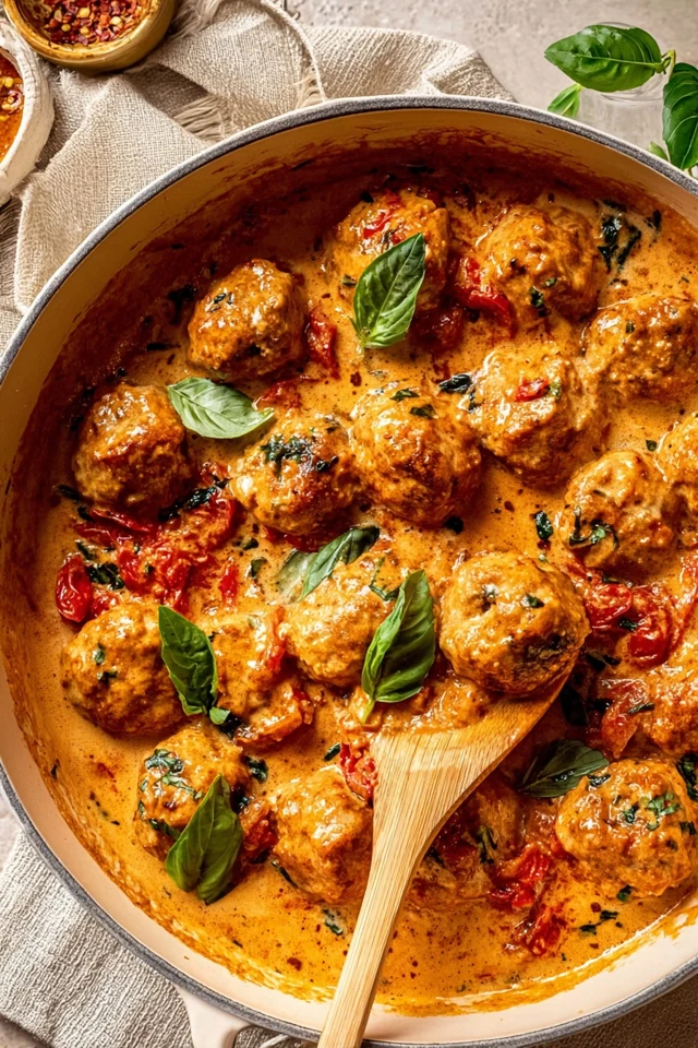 Marry me chicken meatballs simmered in a creamy garlic parmesan sauce with sun-dried tomatoes, served as a cozy homemade dinner