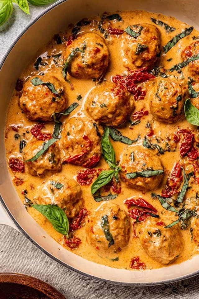 Marry me chicken meatballs simmered in a creamy garlic sauce with sun-dried tomatoes and fresh basil, served hot in a skillet