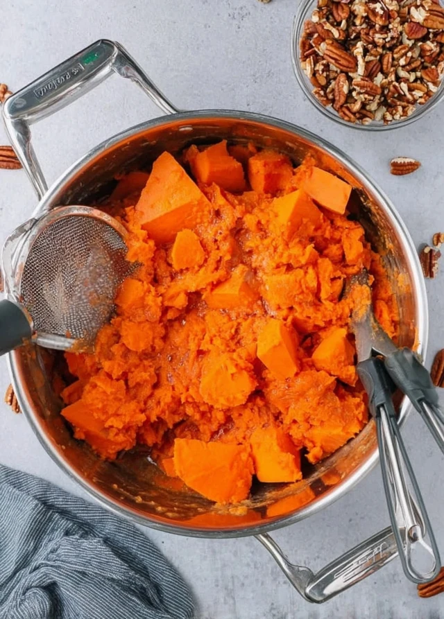 Mashed sweet potatoes in a pot with a potato masher, preparing the filling for sweet potato casserole