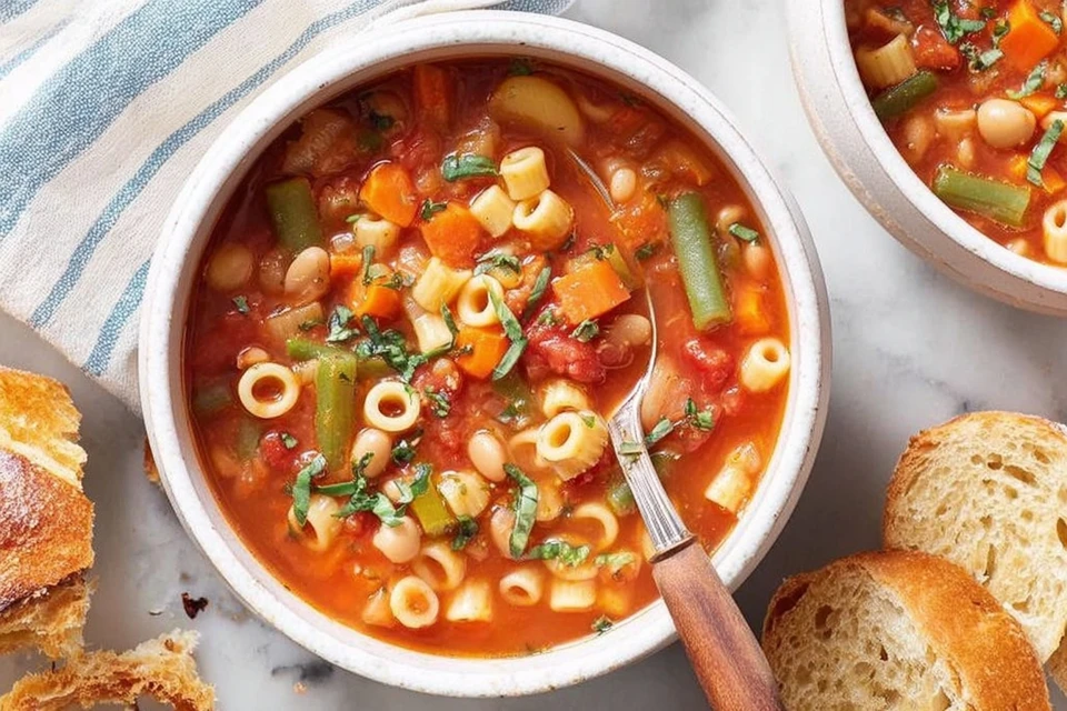 A bowl of homemade minestrone soup  recipe with vegetables, beans, and small pasta served with crusty bread