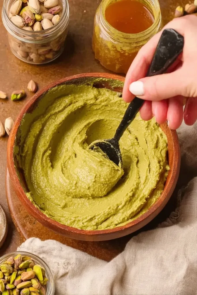 Creamy pistachio butter being mixed in a bowl for pistachio truffles