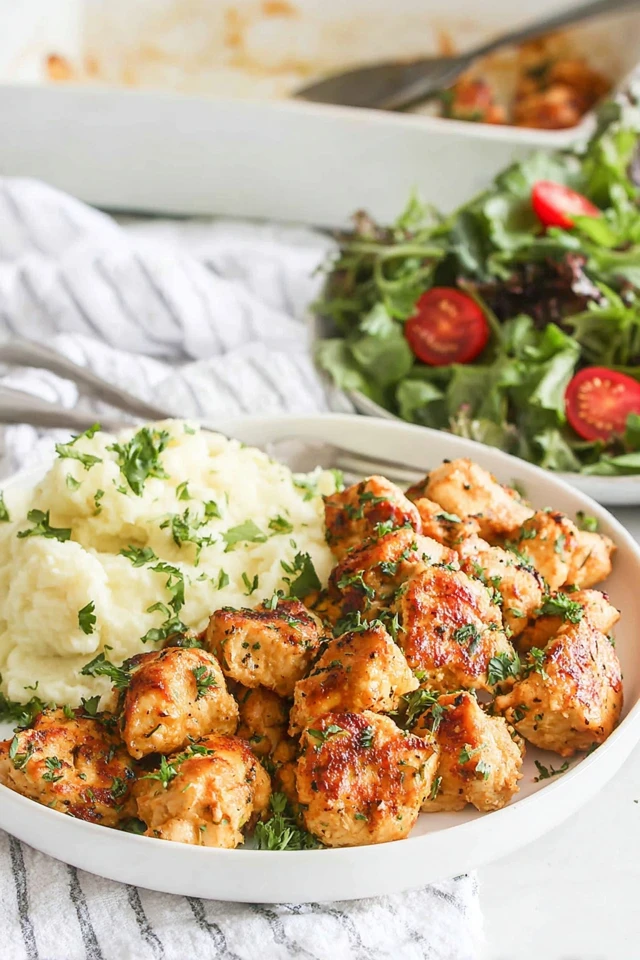 Oven-baked chicken pieces served with mashed potatoes and fresh salad on a plate