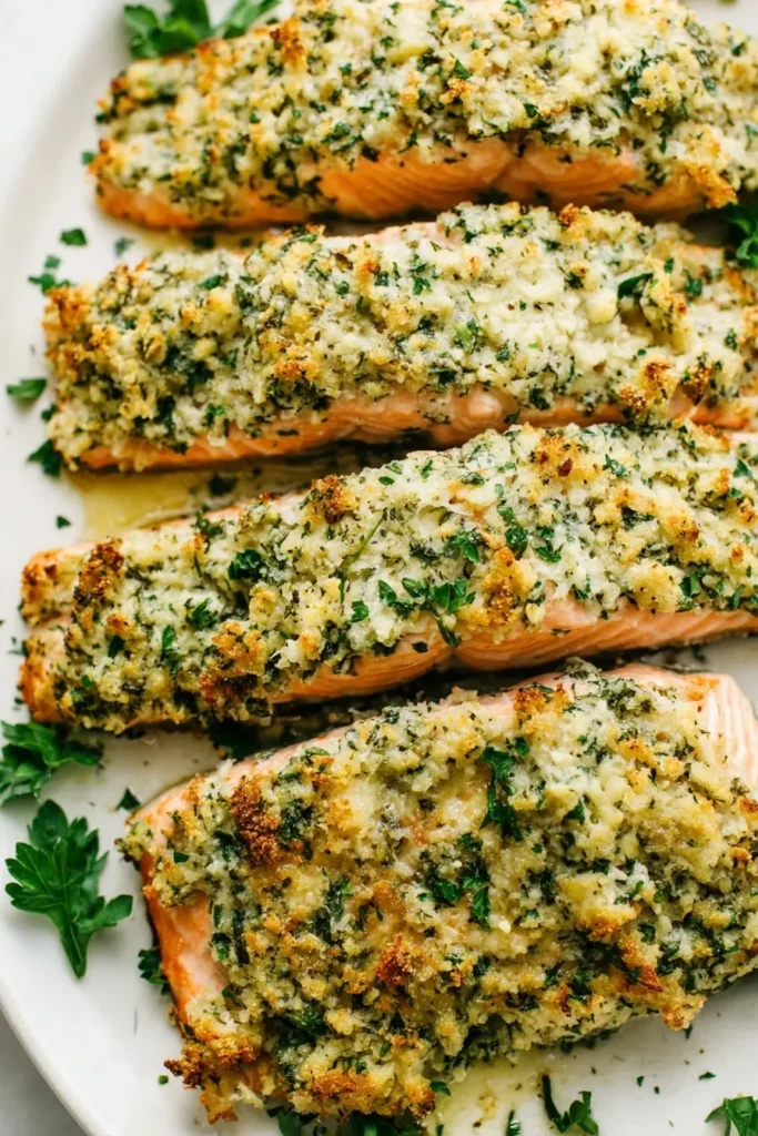 Oven baked Parmesan crusted salmon fillets with a golden herb crust on a serving plate