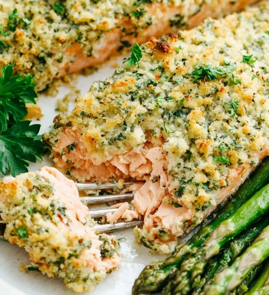 Parmesan crusted salmon baked until golden and flaky, served with roasted asparagus