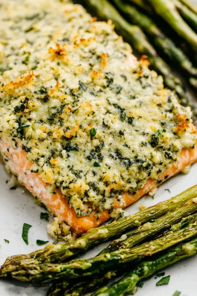 Parmesan crusted salmon served with roasted asparagus on a white plate