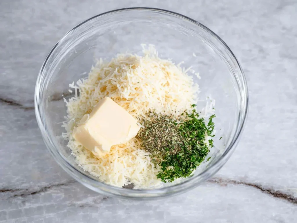 Parmesan cheese mixed with butter, garlic, and herbs in a glass bowl