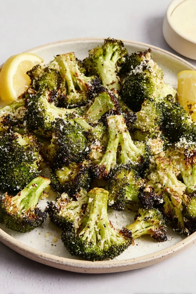 Parmesan-roasted broccoli florets with crispy golden edges served on a plate with lemon wedges