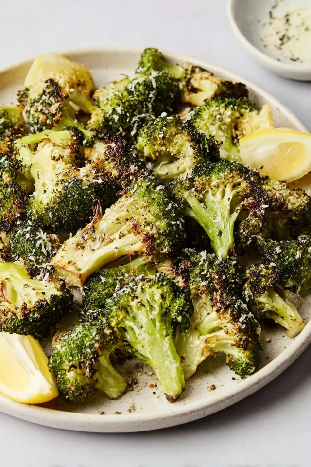 Crispy parmesan-roasted broccoli florets with golden edges served on a plate with lemon wedges