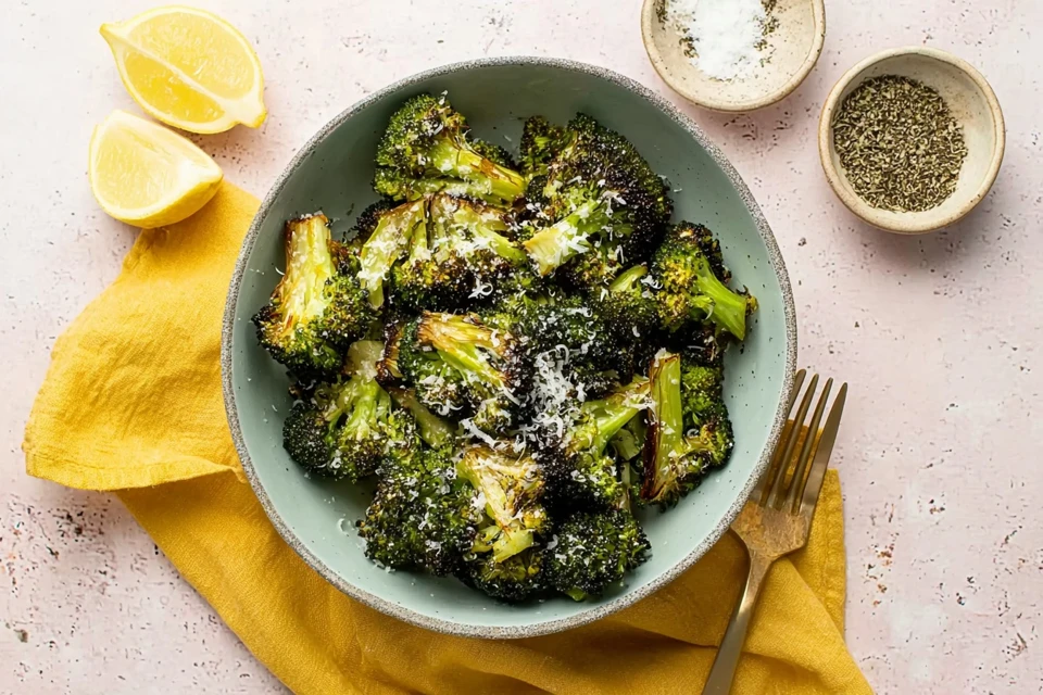Parmesan-roasted broccoli florets with crispy edges served in a bowl, topped with grated parmesan and lemon wedges