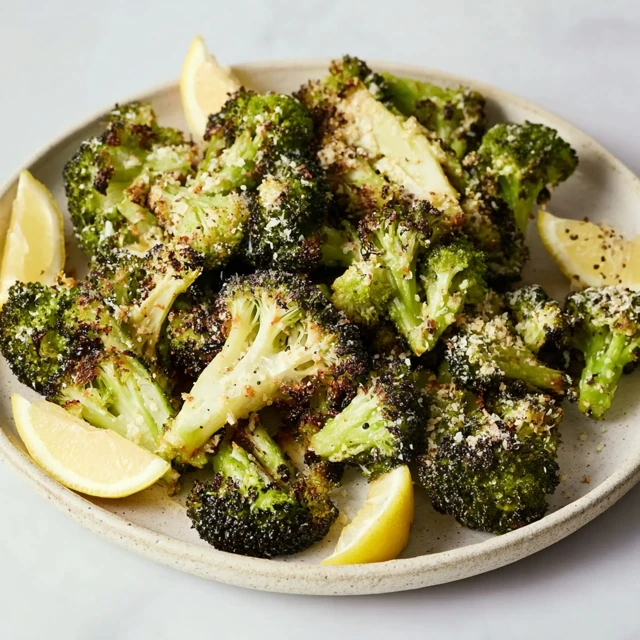 Parmesan-roasted broccoli florets served on a plate with lemon wedges, crispy edges and golden oven-roasted texture