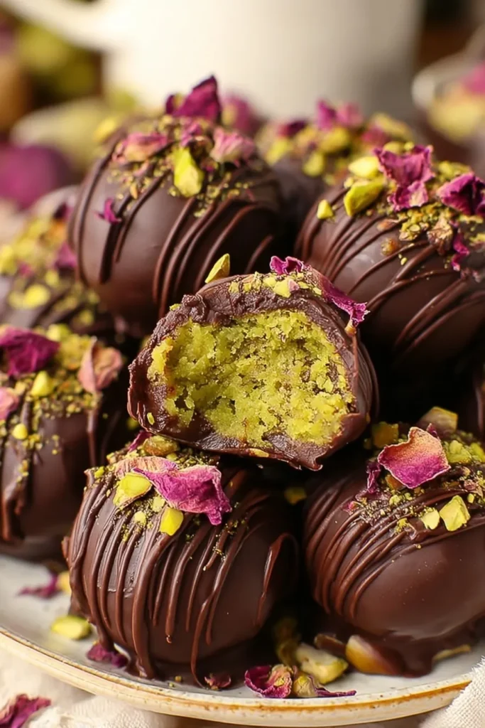 Chocolate pistachio truffles with a creamy pistachio center, drizzled with chocolate and topped with chopped pistachios and dried rose petals