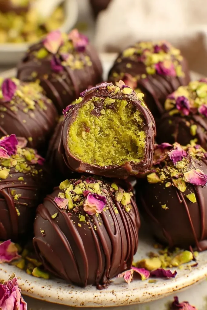 Chocolate pistachio truffles with a creamy pistachio center topped with chopped pistachios and dried rose petals