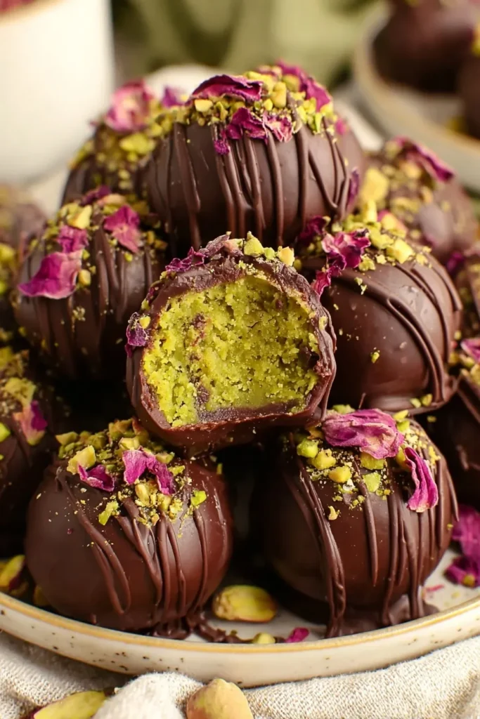Chocolate pistachio truffles with a creamy pistachio center, topped with chopped pistachios and dried rose petals