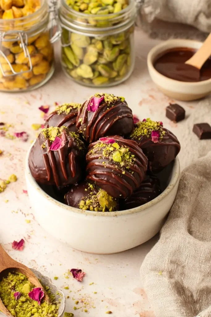 Chocolate pistachio truffles topped with chopped pistachios and rose petals served in a bowl