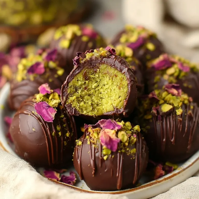 Chocolate pistachio truffles with a creamy pistachio center topped with chopped pistachios and rose petals