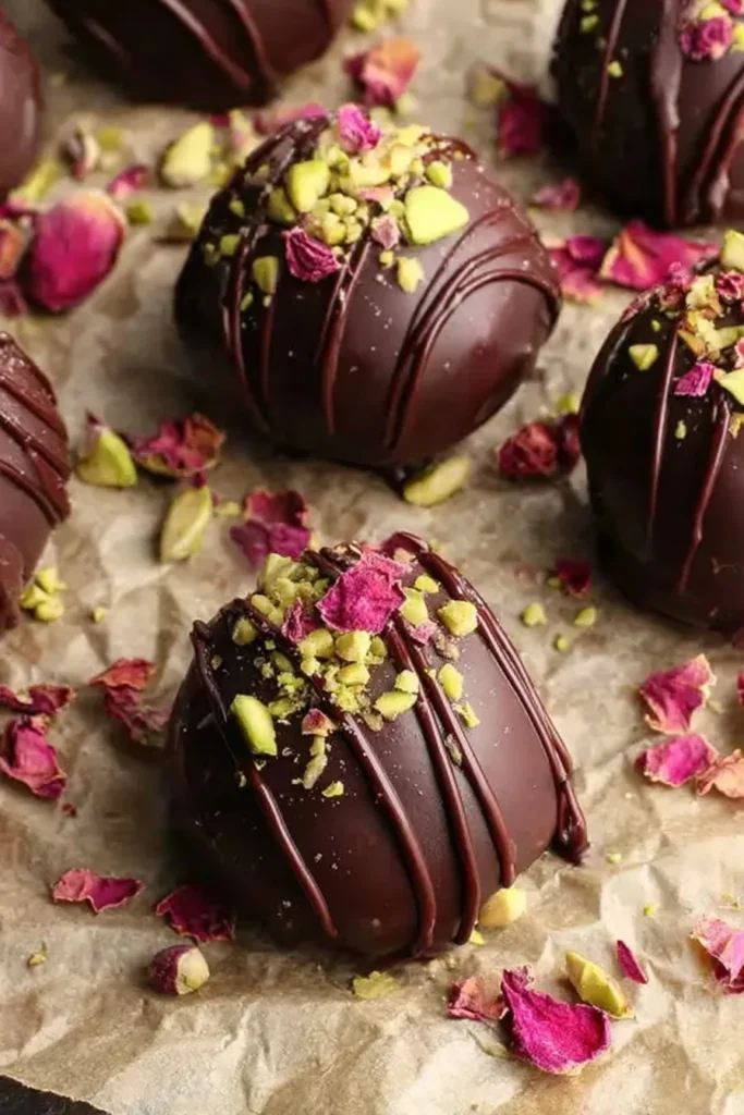 No-bake chocolate pistachio truffles recipe topped with chopped pistachios and dried rose petals