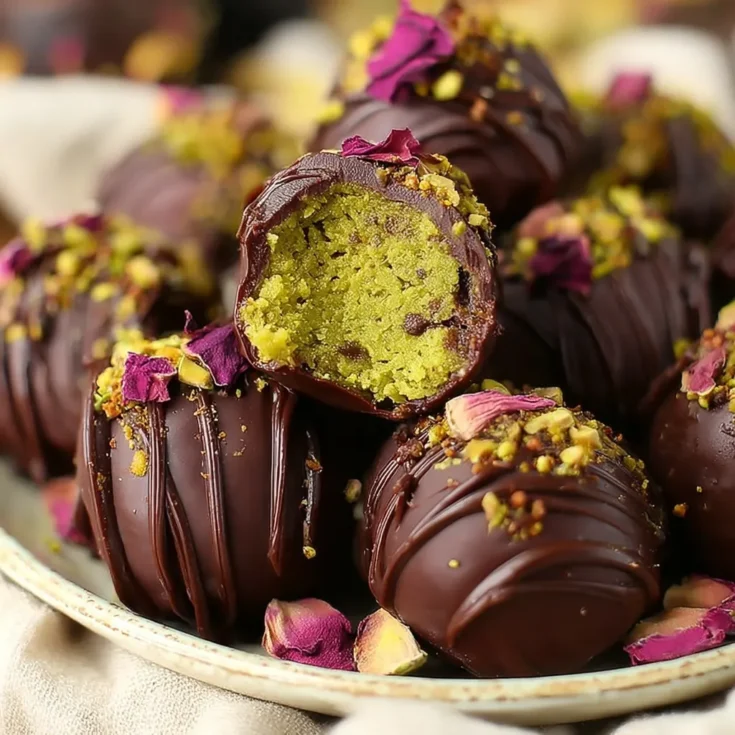 Chocolate pistachio truffles with a creamy pistachio center topped with chopped pistachios and rose petals