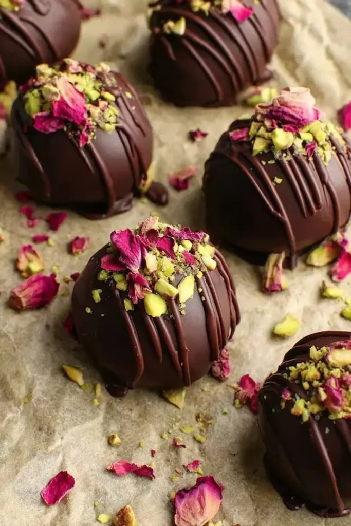 Chocolate pistachio truffles topped with chopped pistachios and dried rose petals on parchment paper