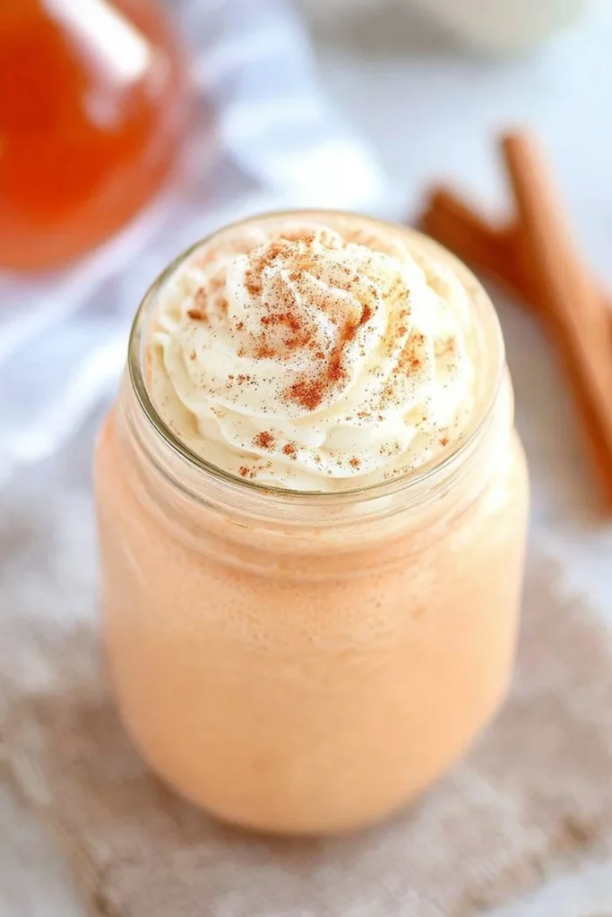 A creamy pumpkin spice milk topped with whipped cream and cinnamon in a mason jar, with cinnamon sticks and a blurred fall drink in the background.