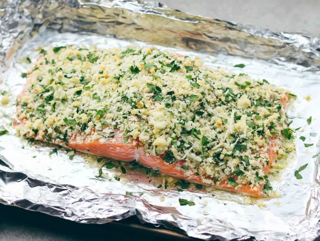 Salmon fillet fully coated with Parmesan herb crust on foil-lined baking tray
