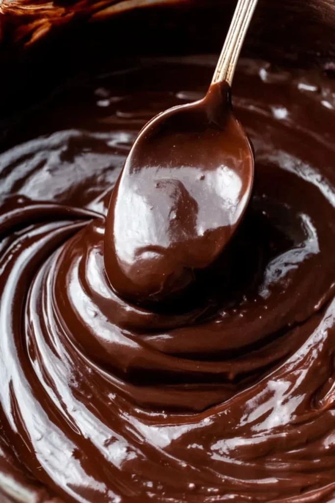 Close-up of rich, shiny chocolate ganache on a spoon, illustrating the smooth texture needed for homemade chocolate truffles.