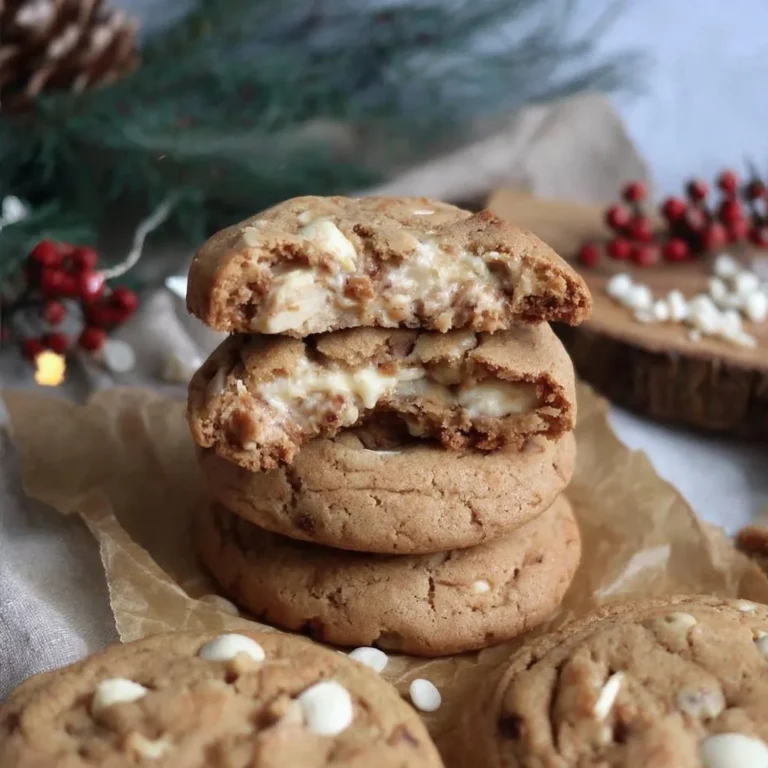 Stack of gingerbread cookies with white chocolate chips, topped with a cookie broken open to reveal a creamy cheesecake filling, with festive holiday decor in the background.