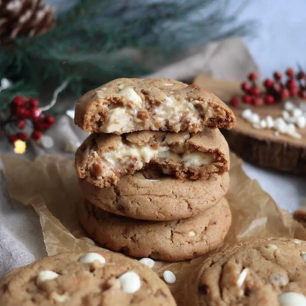 Stack of gingerbread cookies with white chocolate chips, topped with a cookie broken open to reveal a creamy cheesecake filling, with festive holiday decor in the background.