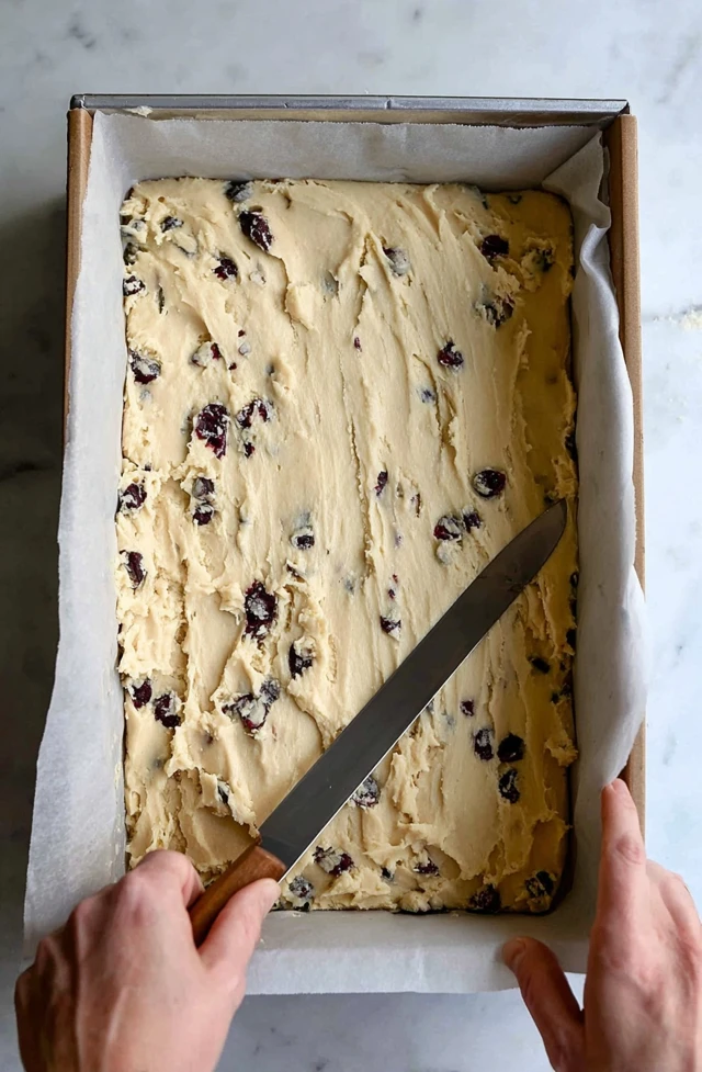 Hands spreading cranberry bliss bars batter with dried cranberries into a lined baking pan
