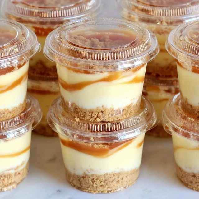 Stacked caramel apple dessert cups with creamy layers, caramel sauce, and a crumb base in clear plastic cups