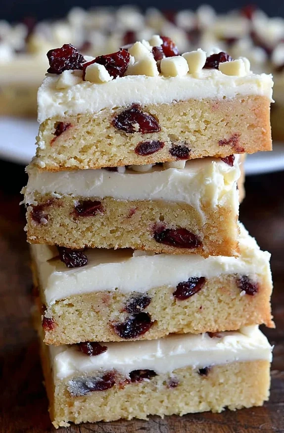 Stacked cranberry bliss bars with cream cheese frosting, white chocolate pieces, and dried cranberries
