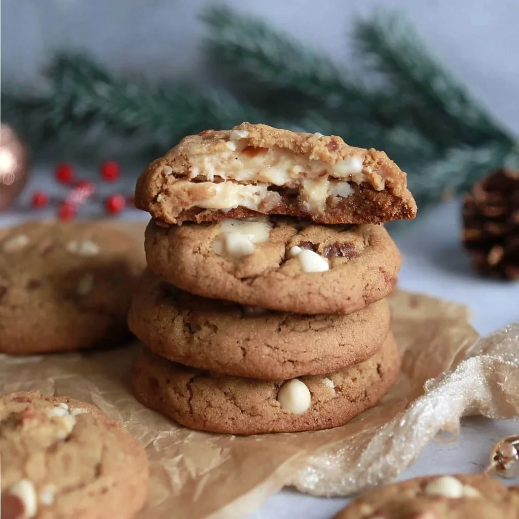 Stack of gingerbread cookies with white chocolate chips, topped with a cookie broken in half showing a creamy cheesecake filling.