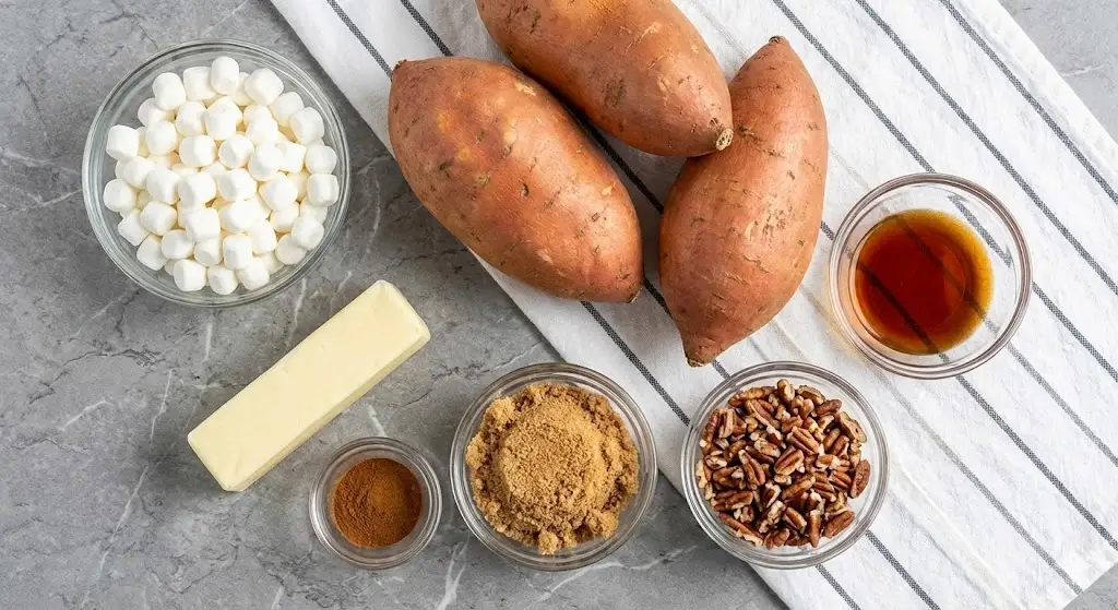 Sweet potato casserole ingredients including whole sweet potatoes, mini marshmallows, butter, brown sugar, pecans, cinnamon, and vanilla extract on a gray surface