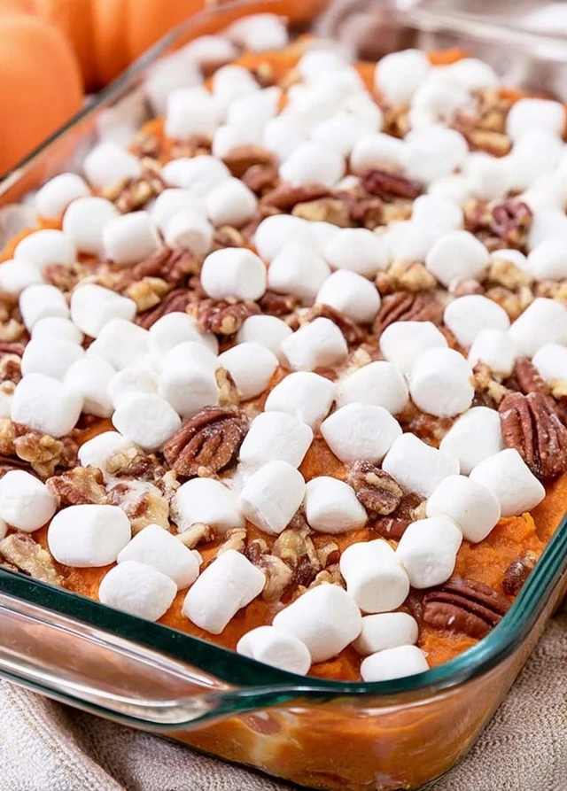 Sweet potato casserole in a glass baking dish topped with mini marshmallows and pecans before baking