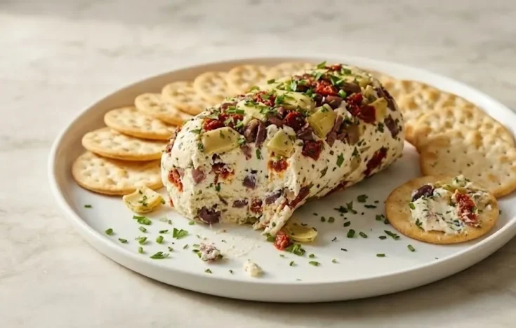 Antipasto cream cheese log appetizer served on a plate with crackers, olives, sun-dried tomatoes, and artichokes
