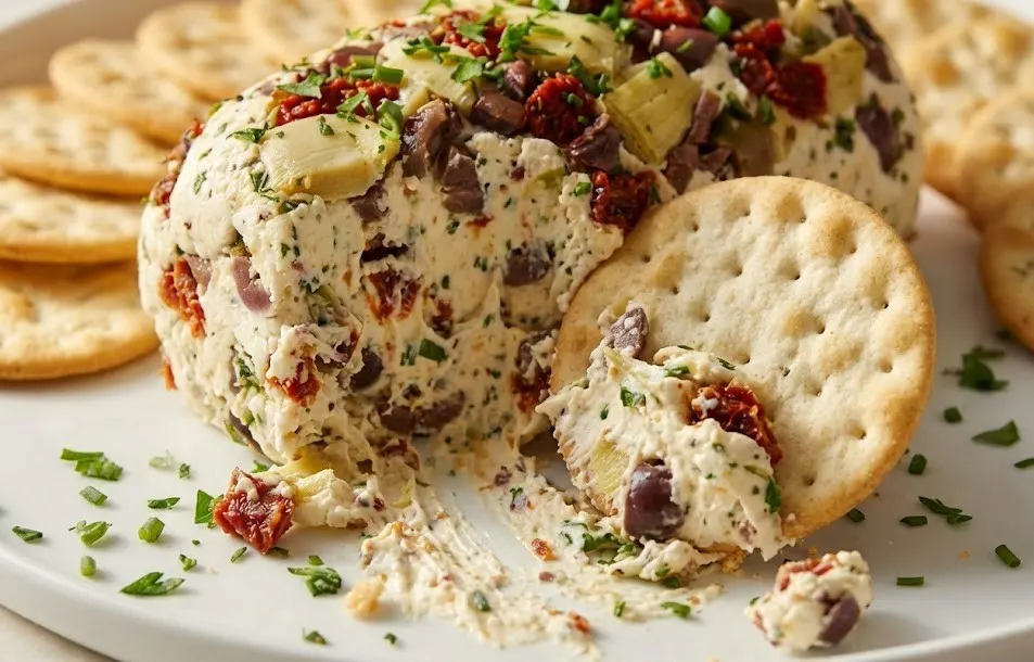 Antipasto cream cheese log served with crackers on a white plate, made with olives, sun-dried tomatoes, and artichokes