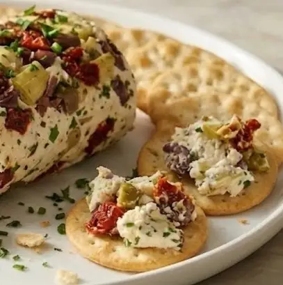 Antipasto cream cheese log served on a plate with crackers, olives, sun-dried tomatoes, and artichokes