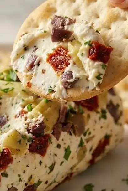 Cracker topped with antipasto cream cheese spread made with olives, sun-dried tomatoes, and artichokes