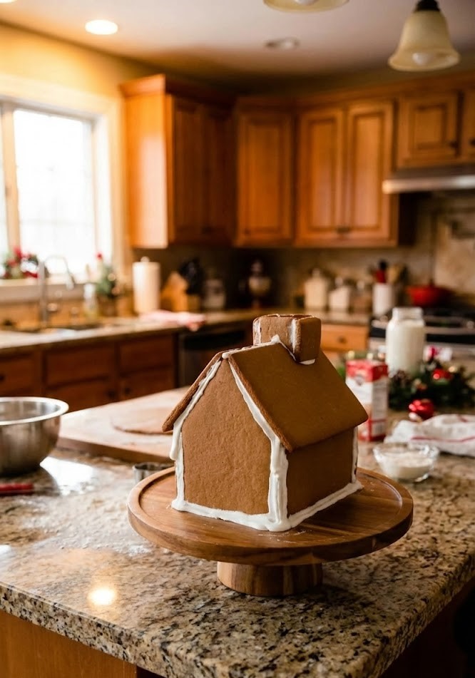 Assembling a gingerbread house with royal icing in a home kitchen