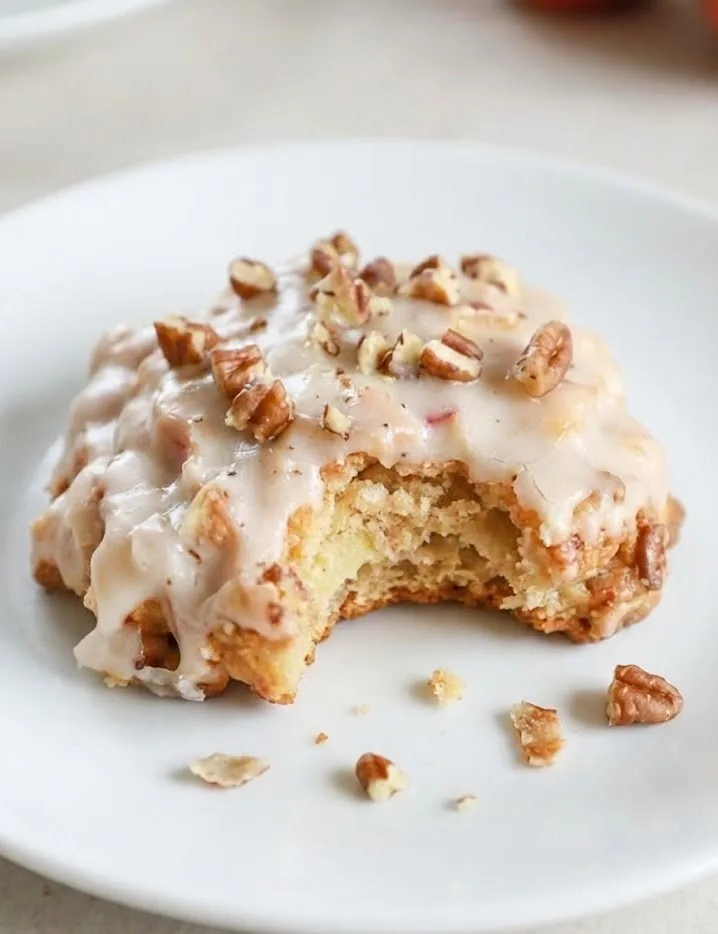 Baked apple fritter with a bite taken out, glazed with icing and topped with chopped nuts, showing soft apple-filled crumb on a white plate