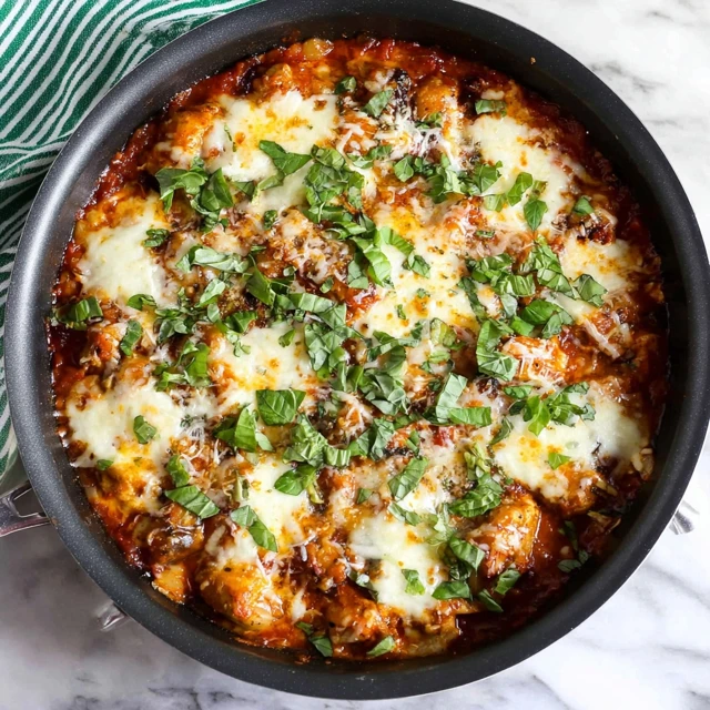 Baked chicken parmesan gnocchi with melted cheese and fresh basil in a skillet