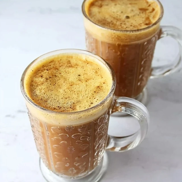 Warm banana milk coffee in glass mugs with creamy foam and light coffee froth
