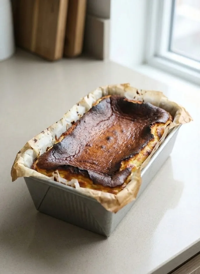 Basque cheesecake in a loaf pan with a caramelized burnt top and creamy center