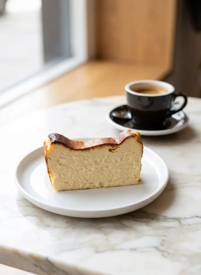 Slice of Basque cheesecake from a loaf pan served on a plate with a cup of coffee