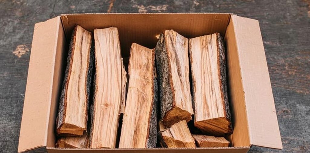 Box of wood chunks used for smoking food on a barbecue smoker or grill