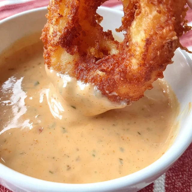 Crispy onion ring dipped in creamy Big Mac Sauce copycat