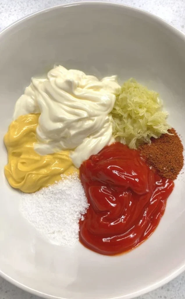 Big Mac Sauce copycat ingredients measured in a bowl before mixing